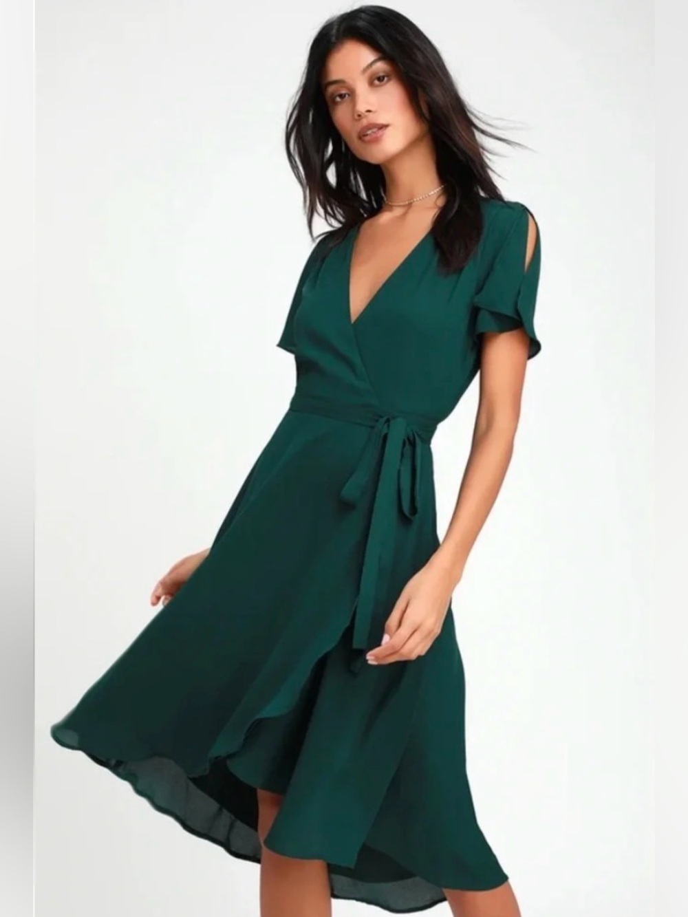 Lulus - Rise to the Occasion Emerald Green Midi Wrap Dress